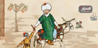 رسم تخييلي لشخصية جحا التي تعددت أسماؤها وصورها في الرواية الشعبية.